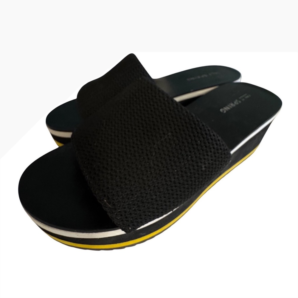 Call It Spring Black Knit Platform Slide Sandals Yellow White Stripe Chunky 7